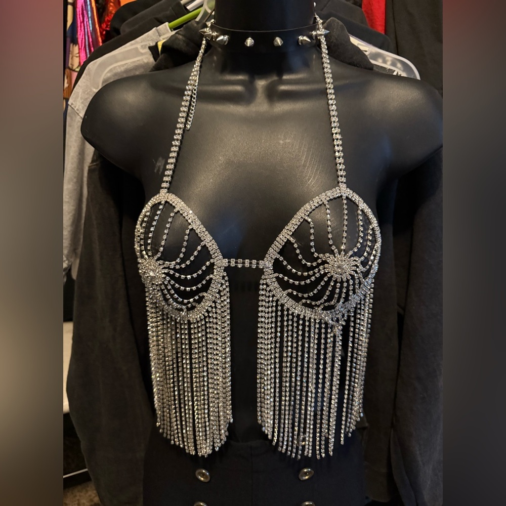 Rhinestone diamond fringe bra halter chain top harnesses